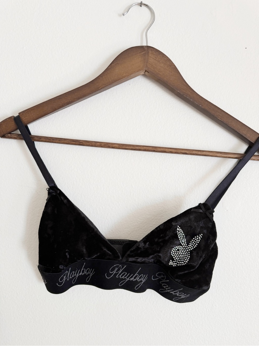 PLAYBOY Black Velvet Rhinestone Bunny Bralette - Logo Band small